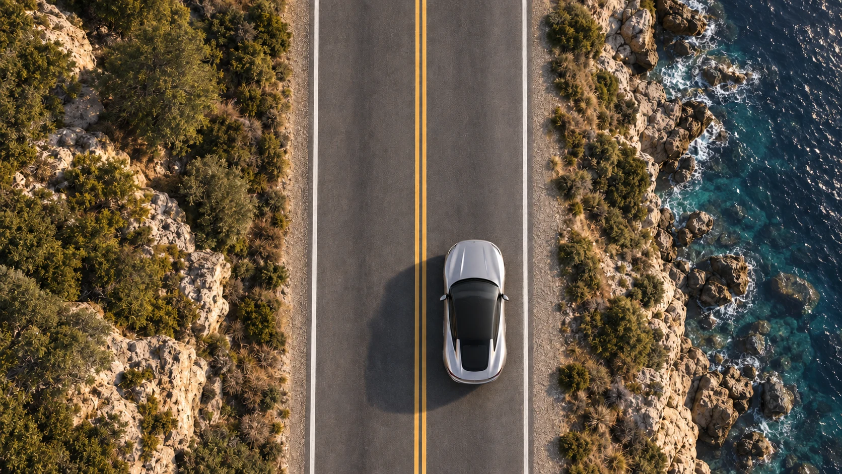 A vertical view of the silver R1 centered in its lane beside the ocean