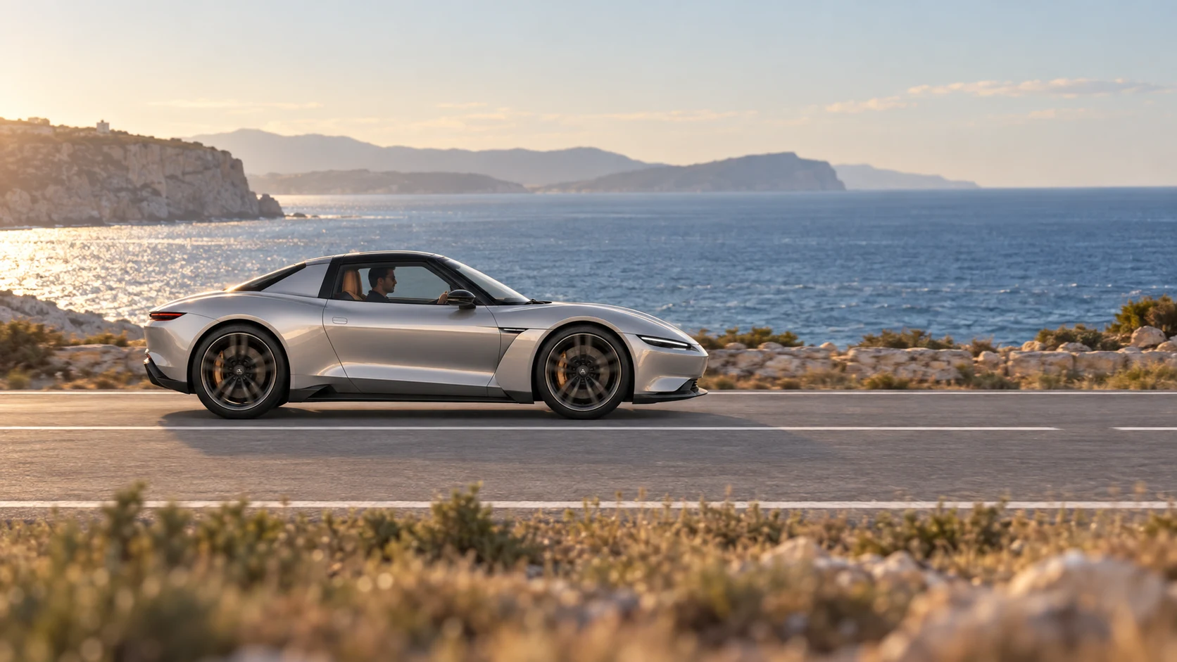 The closed-roof silver R1 in profile beside the sea