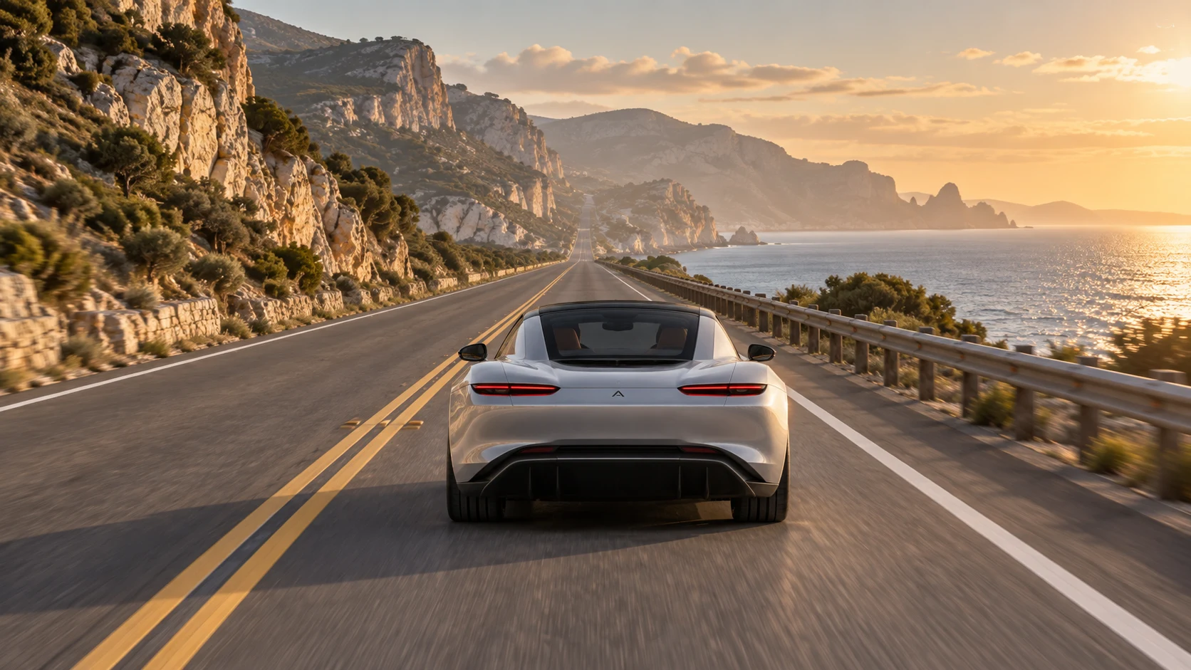 The silver R1 on a quiet coastal road in warm evening light