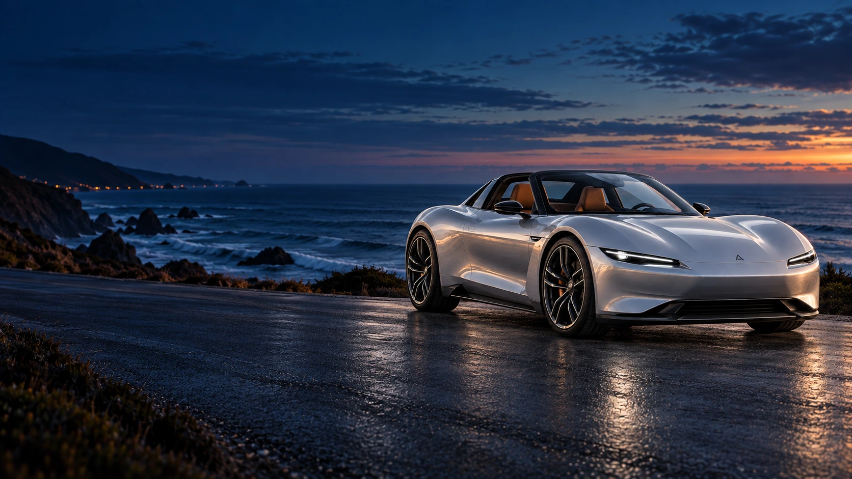 The silver AEVRA R1 on a coastal road at first light